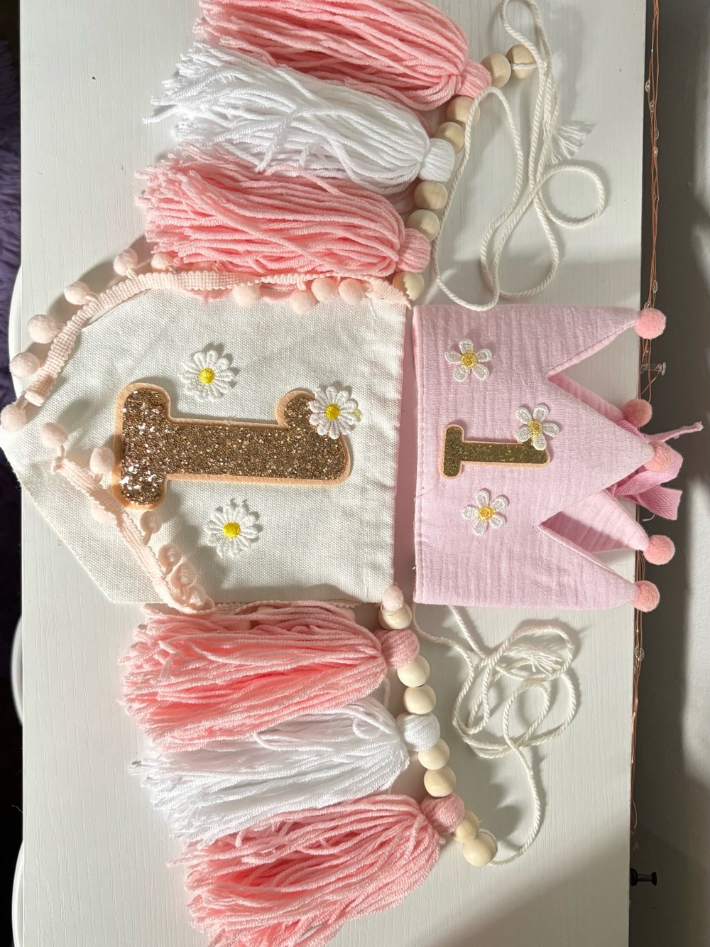 Pink and White First Birthday Wall Banner with Gold Glitter Number